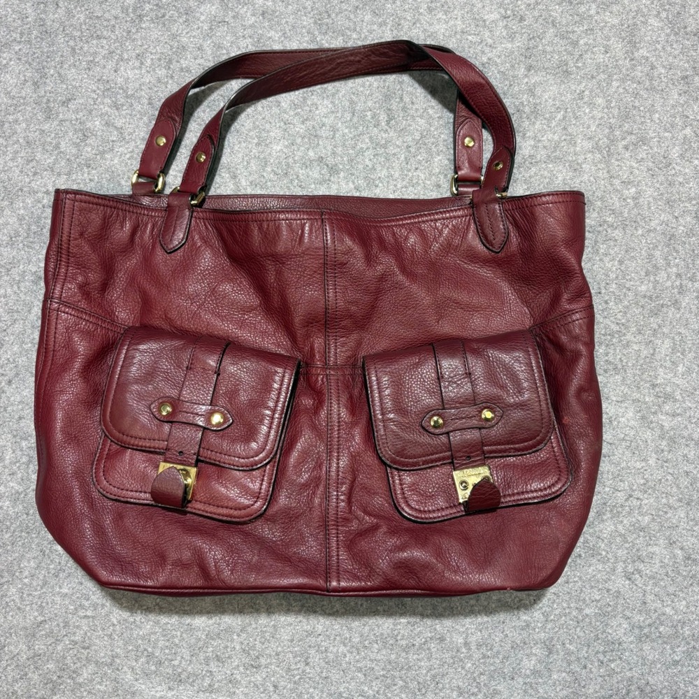 Lauren Ralph Lauren Burgundy Pebbled Leather Shoulder Bag Tote Gold Hardware
